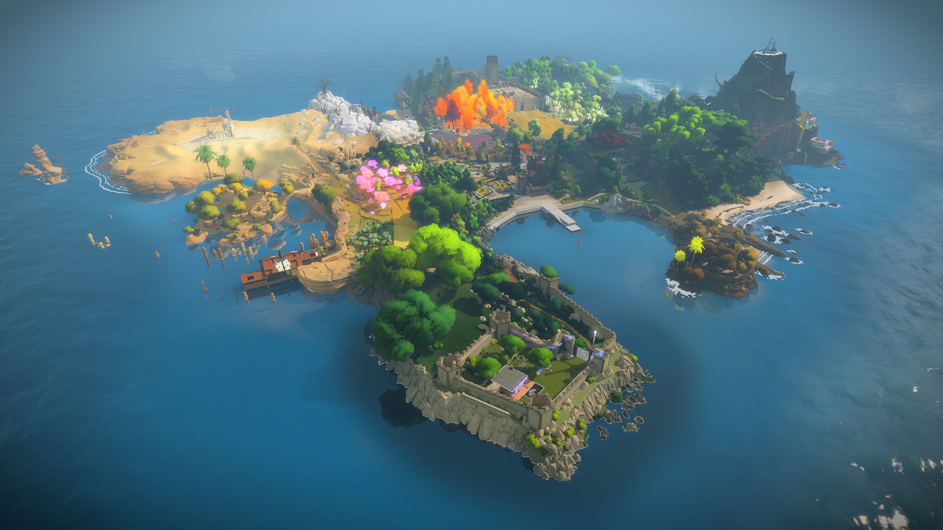 The island of The Witness, shown from a top down perspective. The different locations such as a castle, a desert, a mountain and a forest can be seen. It is surrounded by the ocean and suggests a complex, interconnected level structure.